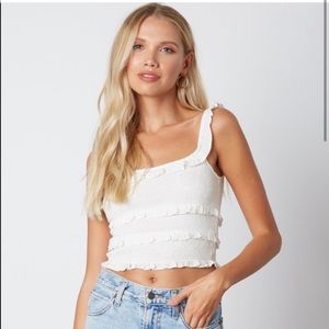 UO Pepita Smocked Frilled Cropped Tank Top in White